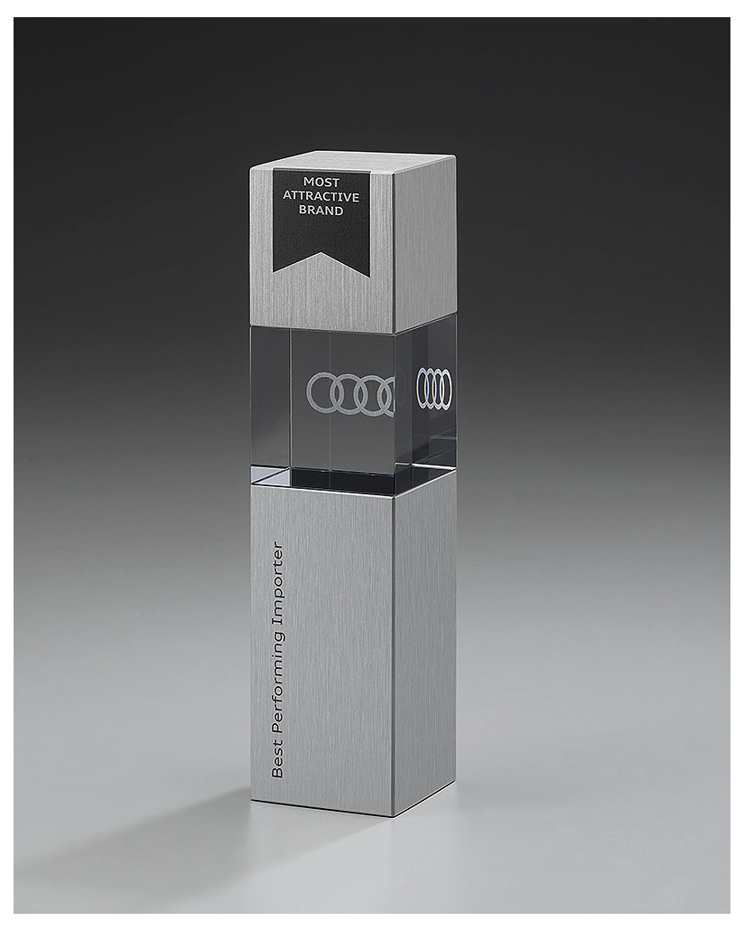 Glaspokale mit Gravur, Glastroph&auml;en, Glasawards, 3D Foto Glasgravur, Pokale:  Glasaward Cubix-Metall