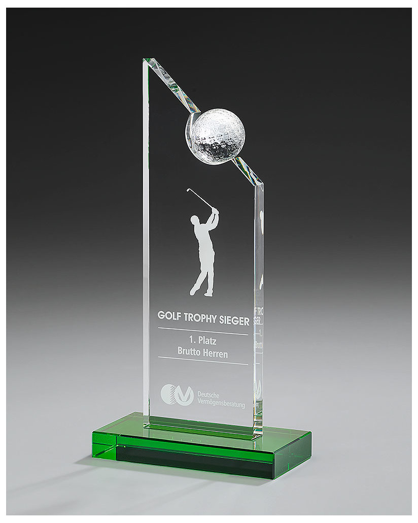 Glaspokale mit Gravur, Glastroph&auml;en, Glasawards, 3D Foto Glasgravur, Pokale:  Glaspokal Fairway