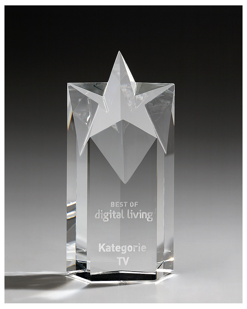 Glaspokale mit Gravur, Glastroph&auml;en, Glasawards, 3D Foto Glasgravur, Pokale:  Glasaward Five-Star