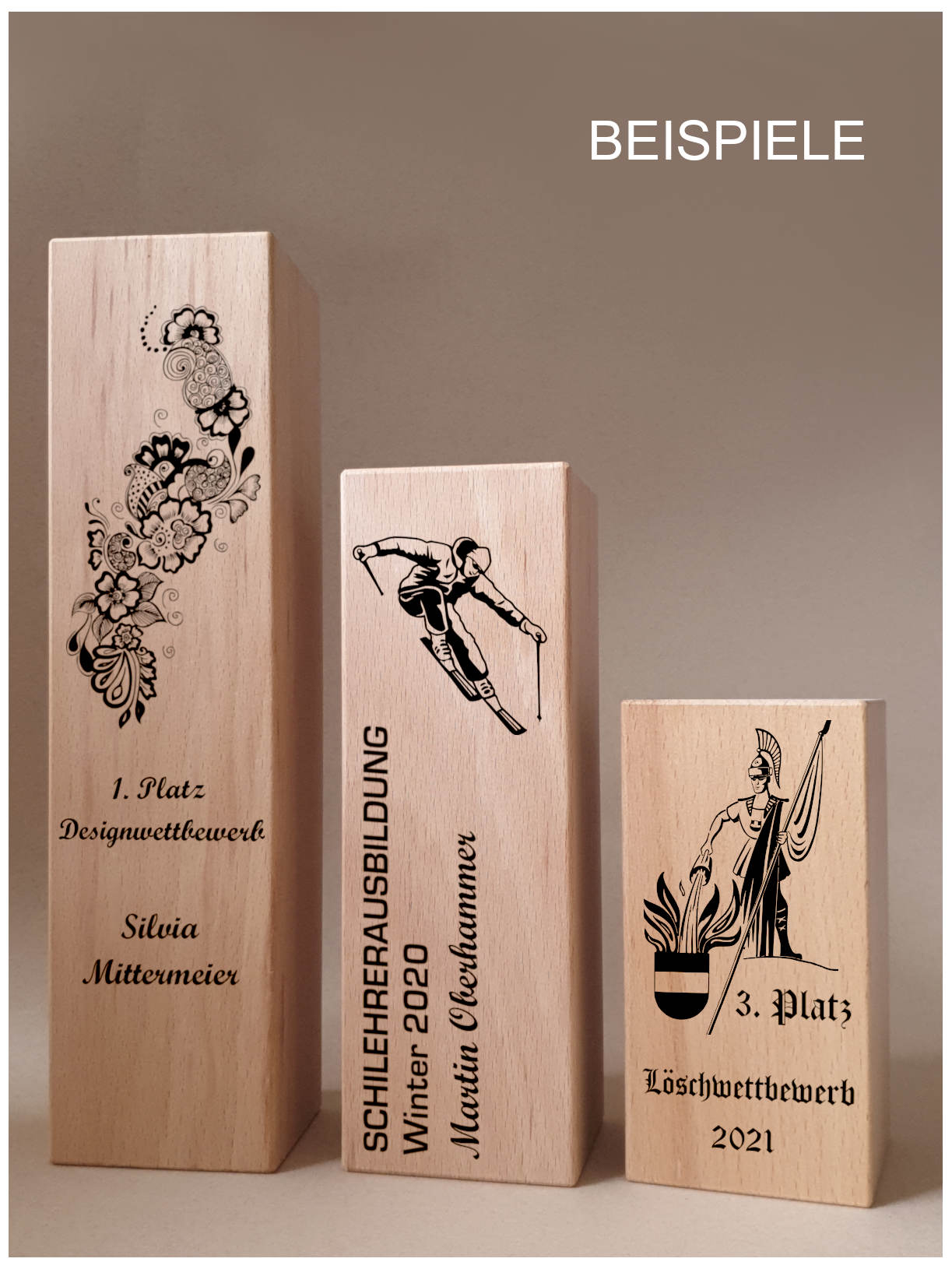 Glaspokale mit Gravur, Glastroph&auml;en, Glasawards, 3D Foto Glasgravur, Pokale:  Holztroph�e Terra