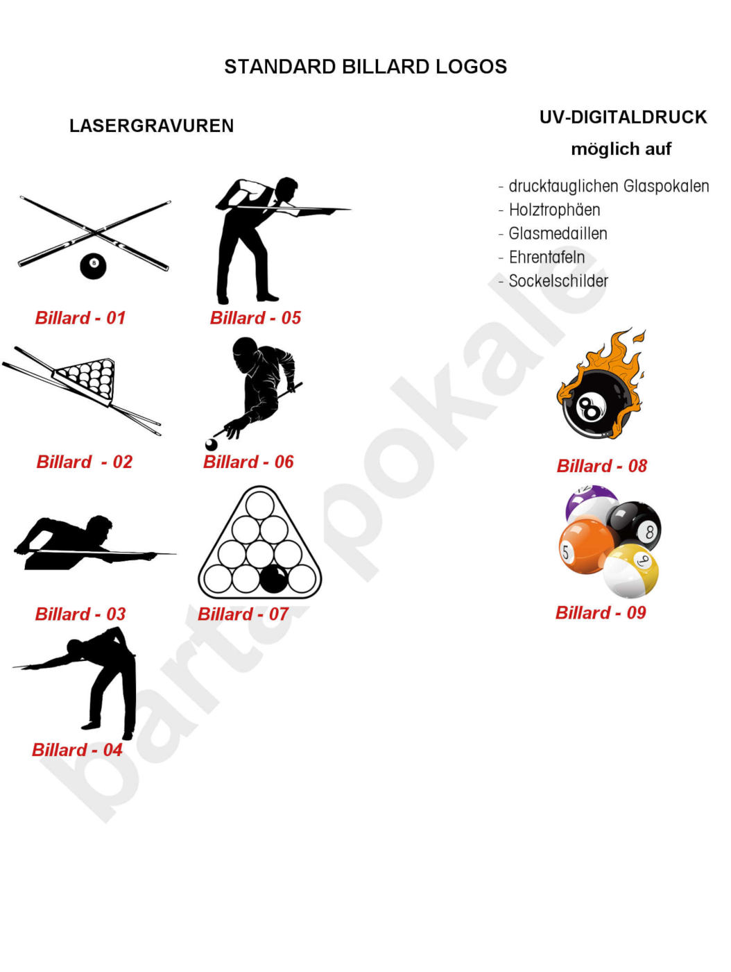 Glaspokale mit Gravur, Glastroph&auml;en, Glasawards, 3D Foto Glasgravur, Pokale:  Logos Billard